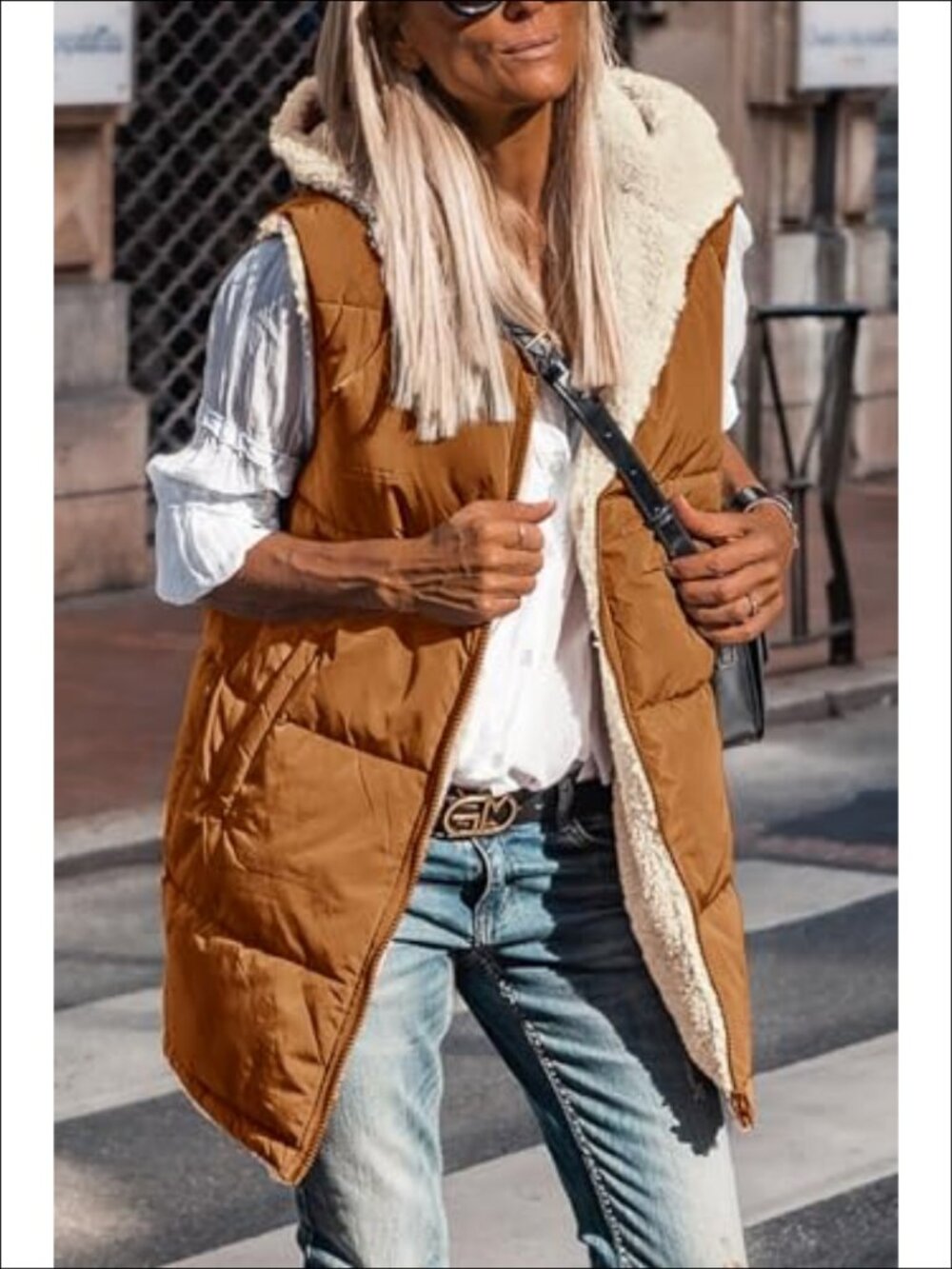 Reversible Fleece Hooded Long Vest Sleeveless Zip Up Winter Outerwear - Picture 5 of 6